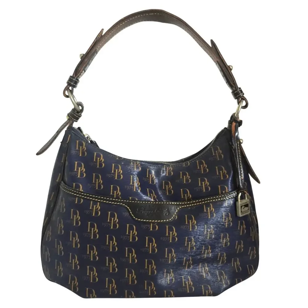 Dooney and Bourke 1975 Signature Collins Navy Shoulder Bag Coated Canvas Leather
